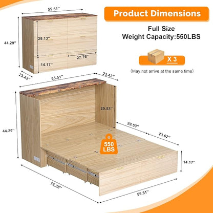 VINGLI Full Murphy Bed with Storage Drawer,2 Charging Station,Fluted Wooden Foldable Bed Cabinet,Boho,Hideaway Paltform Panel Bed for Small Spaces,Guest Room,Office,Apartment,Beige
