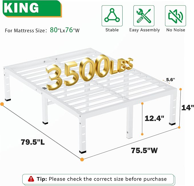14 Inch King Size Bed Frames, Heavy Duty Metal King Platform 3500 lbs Capacity, No Box Spring Needed, 6 Mattress Slide Stopper, Headboard Holes, Noise-Free, Easy Assembly, White