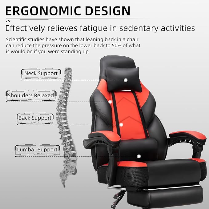 Gaming Chair with Footrest, Massage Lumbar Support, Height Adjustment, and 360° Swivel Seat. Ergonomic Design for Gaming