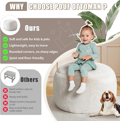 Gericco Round Pouf Ottoman Foot Rest, 29 X 18Inch Floor Poufs Footstool, A Round Modern Foam Filled Foot Stool for Living Room, Home, Nursery, Dorm (White, 29Inch)