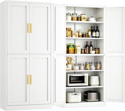 Wanfu 71" Tall Pantry Cabinet, Metal Kitchen Pantry Cabinet with 4 Doors and 4 Adjustable Shelves, Kitchen Pantry Storage Cabinets, Metal Storage Cabinet for Kitchen, Dining Room, Living Room-White
