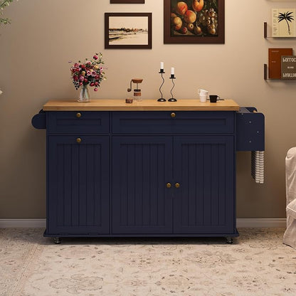 ComfyCorner 60" Rolling Large Kitchen Island on Wheels with Extendable Table, Drop Leaf & Power Outlet, Mobile Kitchen Cart with Storage Cabinet, 2 Drawers, Spice Rack, Towel & Knife Holder, Blue