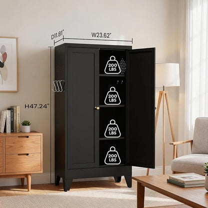 Metal Pantry Cabinet, 47" Kitchen Pantry Cabinet with 2 Doors and 3 Adjustable Shelves, Black Steel Storage Cupboard for Dining, Office, Living Room, Bathroom