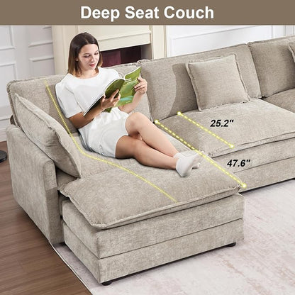 111.5" Modular Sectional Sofa, Large L Shaped Sectionals Cloud Couch, Big Comfy 3-Seat Couch with Ottoman, 4 Seater Chenille Sectional Sofa with Deep Seat and 5 Pillows for Living Room- Camel
