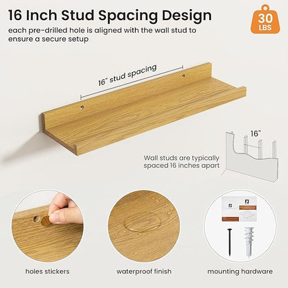 Axeman Picture Ledge Shelf | 20 Inch Floating Shelves Set of 4 | Oak Wall Shelves with Lip | Oak Picture Shelf for Wall with Ledge | Wood Photo Ledges for Living Room Bedroom
