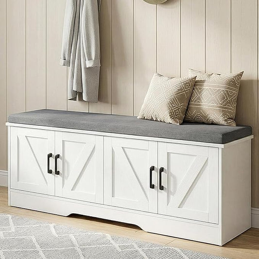 DUMOS Shoe Storage Bench, 47" Wide Shoe Organizer Cabinet with Padded Seat Cushion, 4 Doors, Adjustable Shelf for Entryway, Hallway, Bedroom, Living Room, White
