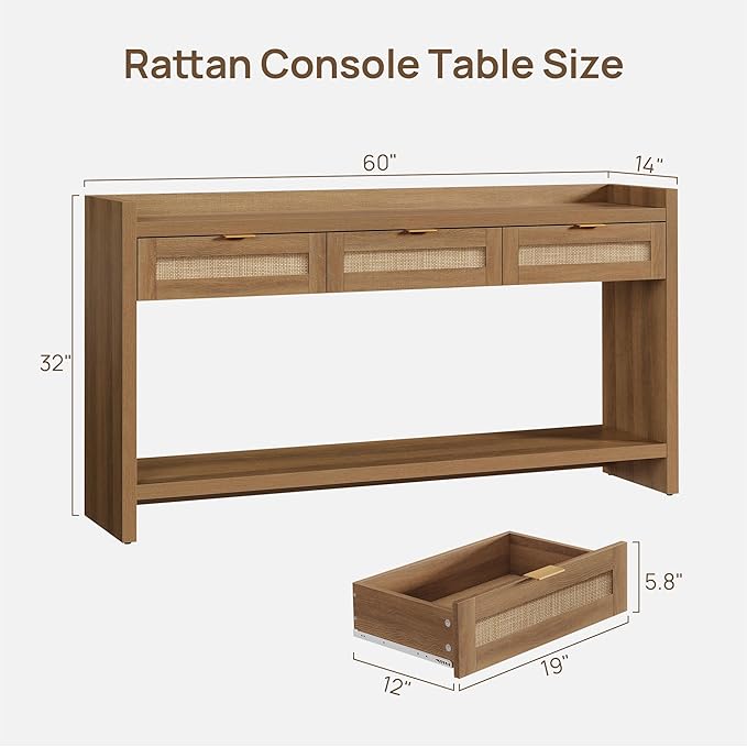 SICOTAS 60" Rattan Console Table Set of 2 - Farmhouse Entry Table Sofa Table with 3 Drawers, Narrow TV Console Table with Storage for Living Room, Hallway, Entryway