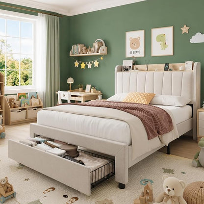 GarveeHome Twin Size Bed Frame with Storage Headboard and Charging Station, Upholstered Platform Bed Frame with Drawers, Heavy Duty, No Box Spring Needed, Easy Assembly, Beige