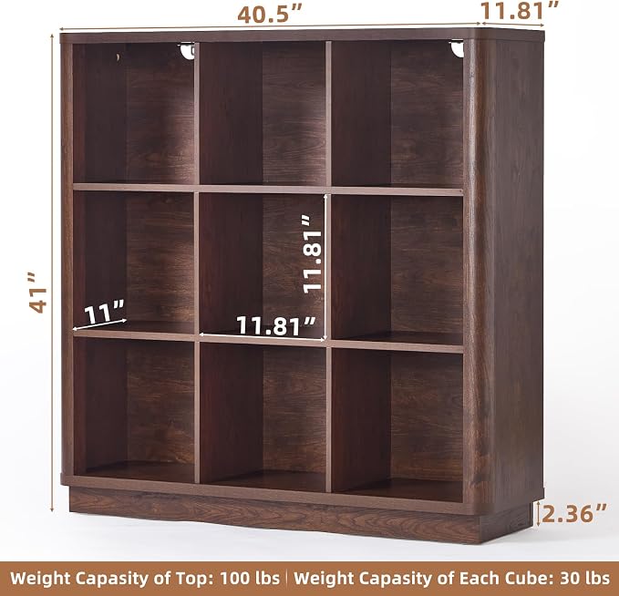 Joaxswe 9 Cube Bookshelf, 40.5" Wide Organizer Bookcase with Curved Edge, Wood Floor Standing 3-Tier Cubby Book Shelf with Base, Vintage Display Storage Cabinet for Living Room, Home Office, Walnut