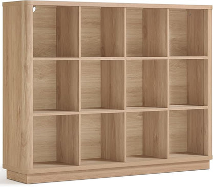 Joaxswe 12 Cube Storage Organizer, 41" Large Bookshelf with Curved Edge, Wood Floor Standing 3-Tier Cubby Bookcase with Base, Rustic Display Storage Cabinet for Living Room, Home Office, Natural Oak