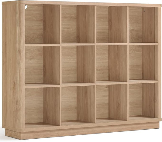 Joaxswe 12 Cube Storage Organizer, 41" Large Bookshelf with Curved Edge, Wood Floor Standing 3-Tier Cubby Bookcase with Base, Rustic Display Storage Cabinet for Living Room, Home Office, Natural Oak