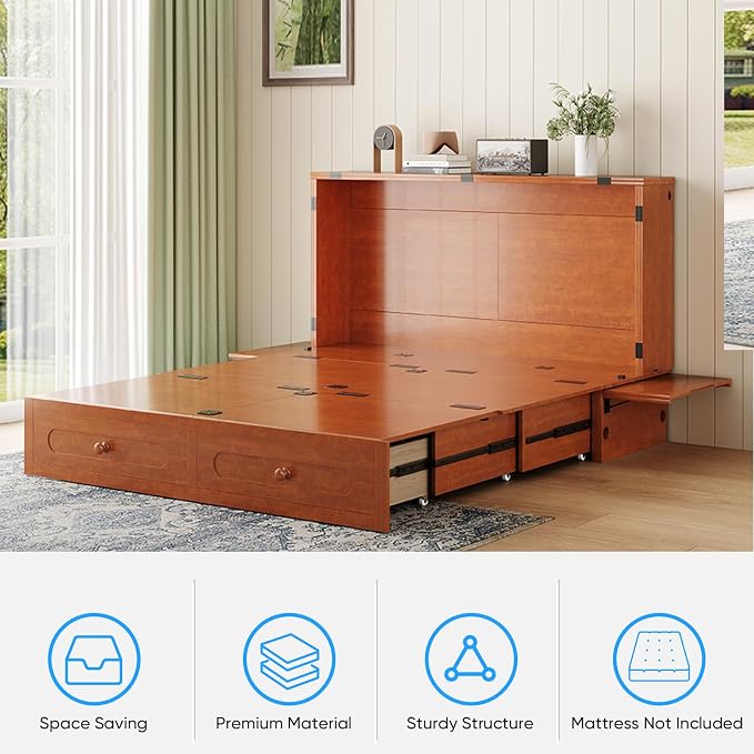 PUREMIND Queen Murphy Bed, Solid Wood Folding Convertible Bed, Hideaway Cabinet Bed with Storage Drawer & USB Charging Station, Space Saving Wallbed for Small Spaces, No Mattress Included, Cherry