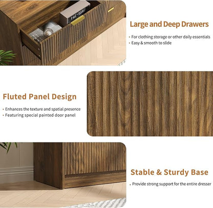 Walnut Dresser and Nightstand Sets, 6 Drawer Dresser Set for Bedroom 3 Piece, 55” Wide Fluted Wood Dressers W/Metal Handle & Night Stand Set of 2, Modern Bedroom Furniture Sets, Walnut
