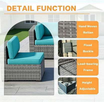 MOCHITO 7 Pieces Outdoor Patio Furniture Sets, All-Weather Sectional Sofa Grey PE Rattan Wicker Conversation Set with Glass Table and Washable Turkish Blue Cushions for Backyard,Sunroom,Garden,Porch