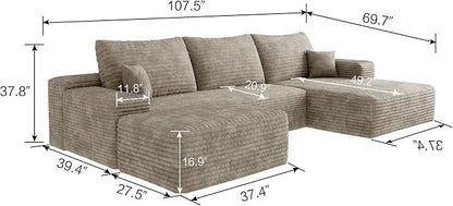 107" U Shaped Cloud Corduroy Couch with Ottoman, Comfy Sectional Boneless Couches for Living Room Bedroom, Deep Seat Sleeper Compression Sofa, No Assembly, Left Facing Chaise, Camel