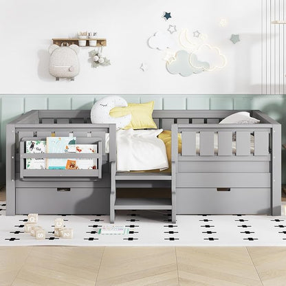 Bellemave Full Kids Montessori Bed with Stairs, Bookshelf and Drawers, Solid Wood Kids Bed Frame with Storage for Boys Girls, Low Profile,Gray