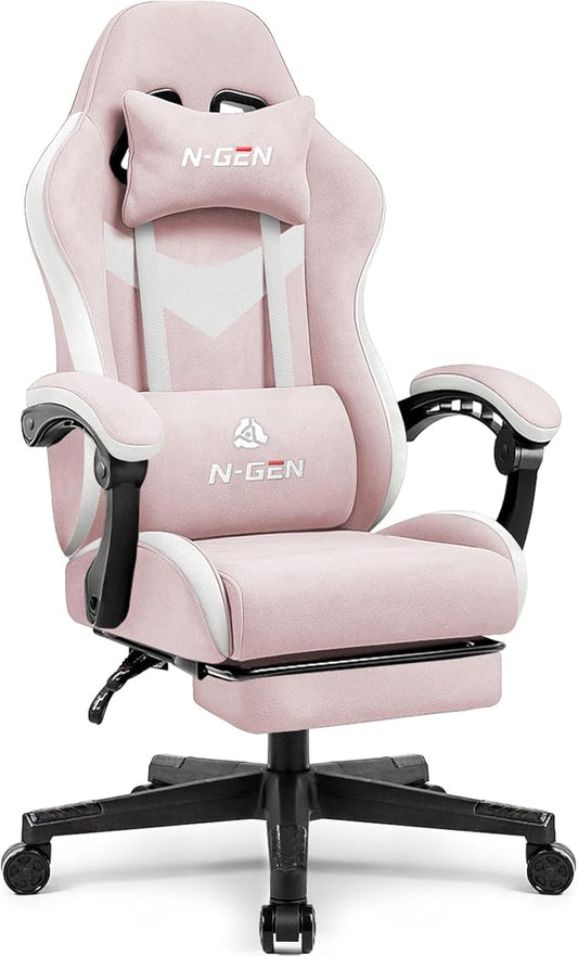 N-GEN GAMING Video Gaming Chair with Footrest Lumbar Support for Home Office High Back Recliner Height Adjustable Ergonomic Comfy Fabric Computer Desk Chair (Pink)