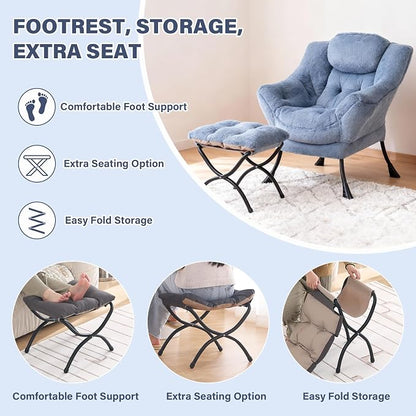Lazy Chair with Ottoman, Modern Accent Chair Contemporary Lounge Leisure Sofa Chair with Armrests, Reading Chair and Folding Footstool Set for Living Room, Bedroom, Office, Velvet Black