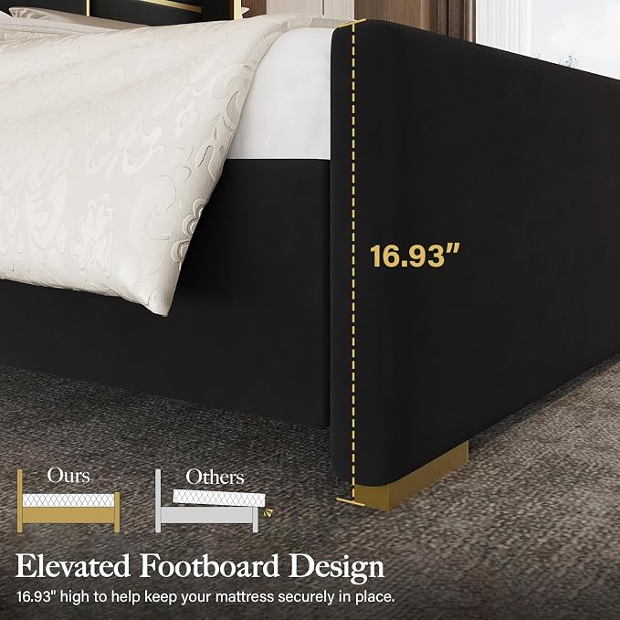 Queen Bed Frame with 55.12" Tall Headboard, Modern Luxury Velvet Upholstered Platform Bed with Gold Trim, Wide Wingback Design, Noise-Free, Easy Assembly, No Box Spring Needed, Black
