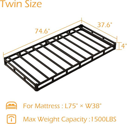 Maenizi Box Spring Twin 4 Inch Low Profile, Heavy Duty Metal Box Spring Bed Base with Fabric Cover, Mattress Foundation, Easy Assembly, Noise Free, Black