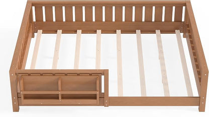 Bellemave Queen Size Floor Bed with Slats and Guardrails, Queen Size Montessori Floor Bed with Bookcase and Fence, Low Profile Montessori Beds for Kids, Natural Floor Beds Frame