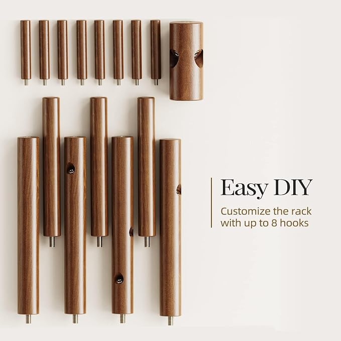 Pipishell Solid Wooden Coat Rack Freestanding, Hall Tree with 8 Hooks, 3 Height Options for Coats, Hats, Handbags, and Scarves, Tool-Free Assembly, Space Saving Design for Entryway, Office, Bedroom
