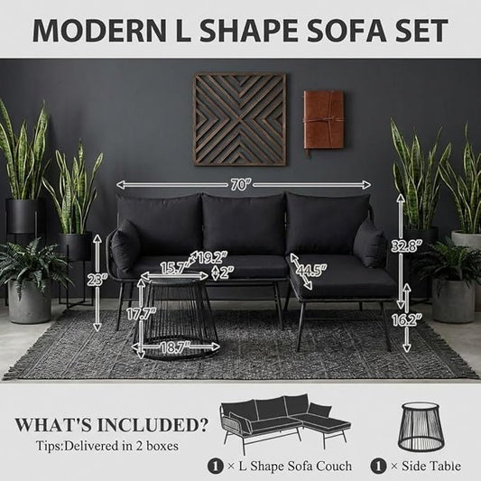 Bezseller 3-Piece Outdoor Patio Furniture Set, L-Shaped Rattan Sectional Sofa with Thick Cushions, Glass Coffee Table – All-Weather Conversation Set for Backyard, Porch, Poolside