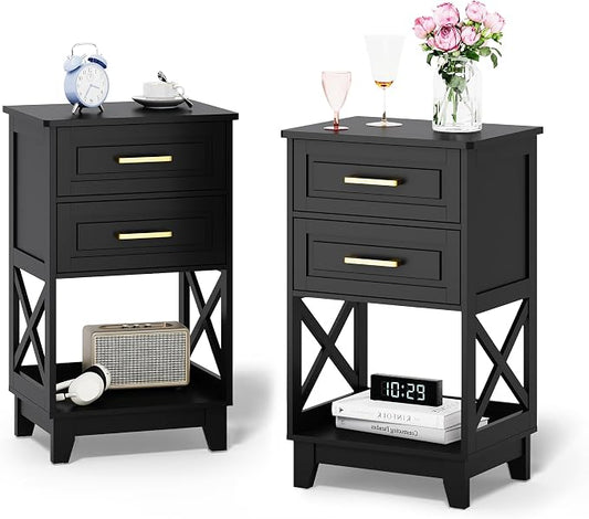 May in Color Nightstand Set of 2, 30" Tall Side Table with 2 Drawers and Open Shelf, Bedside Table with Solid Feet, Modern End Table for Bedroom, Home Office, Black