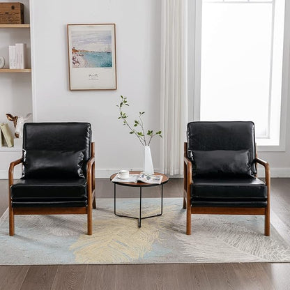 Mid Century Modern Accent Chairs Set of 2 Living Room- Comfy Wood Arm Chair with Lumber Pillow Lounge Decorative Black Faux Leather Office Side Chair for Bedroom Reading Waiting Room Easy Assembly