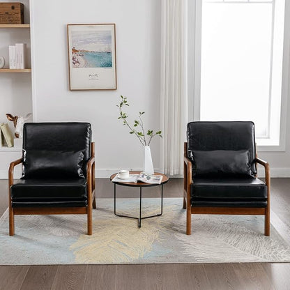 Deolme Mid Century Modern Accent Chair Living Room- Comfy Solid Wood Arm Chair with Lumber Pillow Lounge Decorative Black Leather Office Side Chair for Bedroom Reading Nook Sillas De Sala