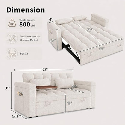 65'' Sleeper Sofa Bed, Pull Out Couch with Side Table | USB Charging Port | Adjustable Backrest | Chenille Fabric, Convertible Loveseat for Living Room, Apartment, Small Spaces (Beige)