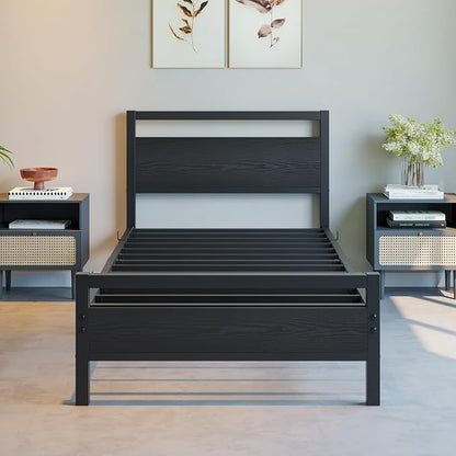 BOFENG Black Twin Bed Frame with Wood Headboard,Metal Single Platform Bed Frame Twin Size No Box Spring Needed,Heavy Duty Metal Slats Support,Noise Free,Single Bed Base,Easy Assembly