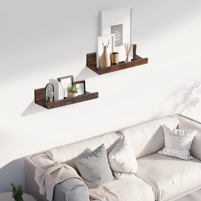 Muzilife 12" Small Floating Wall Ledge Shelves with Lip - Set of 2 Wood Floating Shelves - Walnut Brown Wall Mounted Picture Ledge for Office, Bathroom, Bedroom, Living Room, Kitchen
