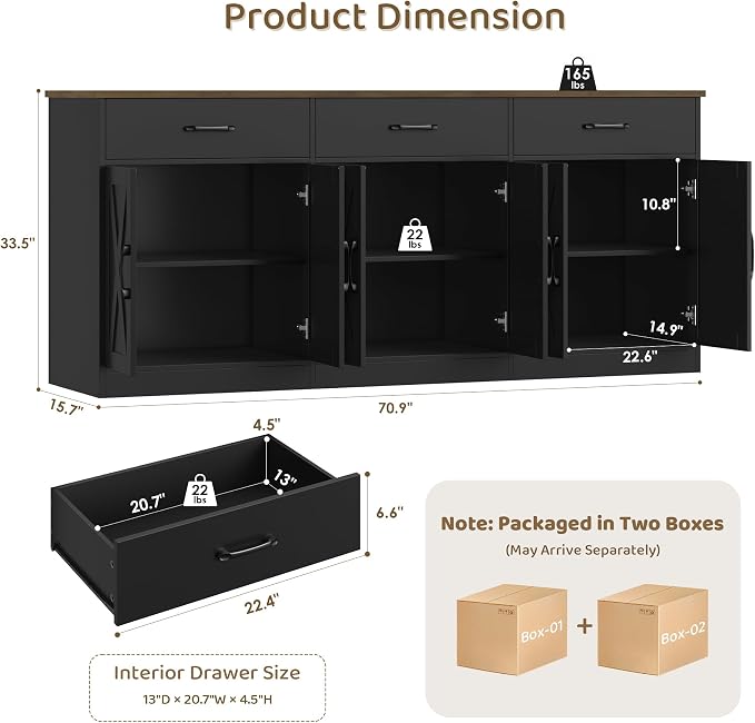 HOSTACK 71" Large Sideboard Buffet Cabinet with Storage, Farmhouse Coffee Bar Cabinet with 3 Drawers, Long Kitchen Buffet Table, Kitchen Sideboard Storage Cabinet for Dining Room, Living Room, Black