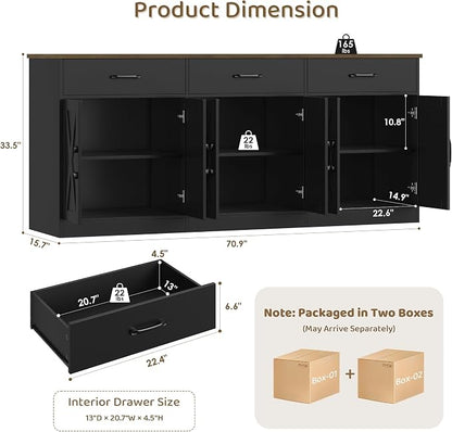HOSTACK 71" Large Sideboard Buffet Cabinet with Storage, Farmhouse Coffee Bar Cabinet with 3 Drawers, Long Kitchen Buffet Table, Kitchen Sideboard Storage Cabinet for Dining Room, Living Room, Black