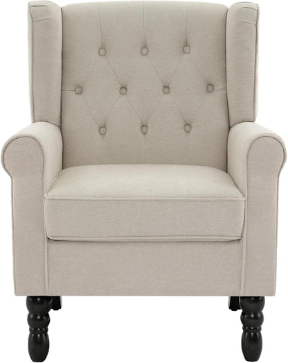 High Back Accent Chairs Set of 2, Fabric Upholstered Armchair Wingback Chair for Living Room, Comfy Single Sofa Bedroom Reading Seat with Solid Wood Legs, Beige