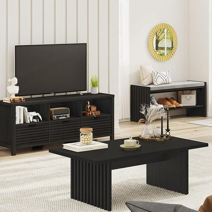BON AUGURE Coffee Tables for Living Room, 47 Inch Modern Living Room Table, Rectangular Coffee Table with Spacious Tabletop, Slatted Panel Center Tables Centerpiece, Black Oak