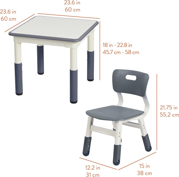 Back2School Express Dry-Erase Activity Table and Chairs Set for Toddlers, Adjustable Height Kids Desk, Preschool Learning Furniture, Grey, 3-Piece