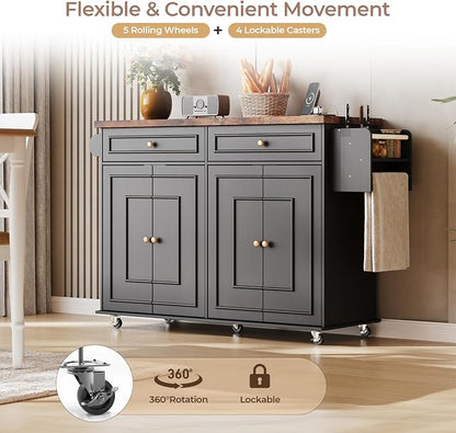 58 Inch Kitchen Island with Storage Cabinet, Island Table for Kitchen, Rolling Islands Cart with Power Outlet, Adjustable Shelves, Drawers, Spice and Towel & Knife Racks, Black