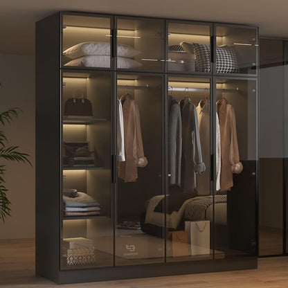 Wardrobe Cabinet with LED Light Strips, Modern Armoire Closet with Glass Doors, 59.1" W Large Bedroom Armoire Clothes Organizer with Shelve & Hanging Rods, Modern Glass Display Cabinet, Black