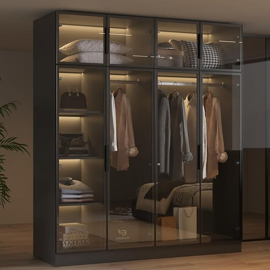 Wardrobe Cabinet with LED Light Strips, Modern Armoire Closet with Glass Doors, 59.1" W Large Bedroom Armoire Clothes Organizer with Shelve & Hanging Rods, Modern Glass Display Cabinet, Black