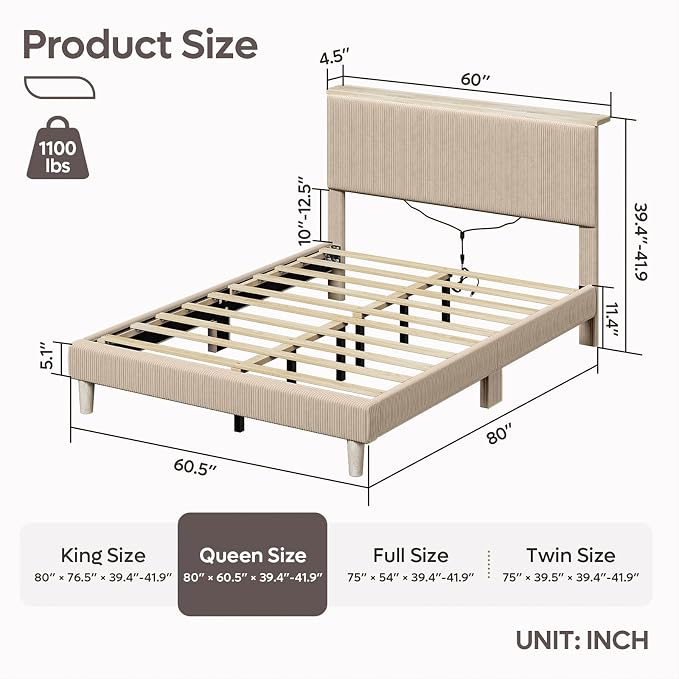 Bestier Queen Bed Frame with Adjustable Headboard & LEDLighting, Corduroy Upholstered Platform Bed Frame withStorage Shelf, Solid Wood Slats, No Box Spring Needed,Never Squeak, Easy Assembly, Taupe