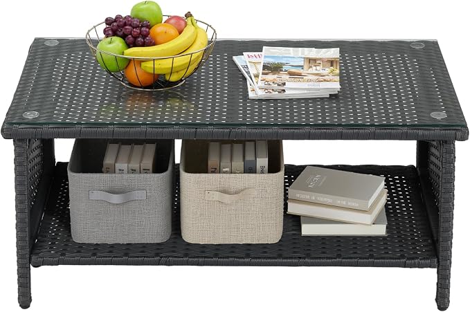 VINGLI Outdoor Wicker CoffeeTable Patio Coffee Tables for Outside, Tempered Glass Top Wicker Table with Storage Coffee Table for Patio Balcony Porch Deck (Black)