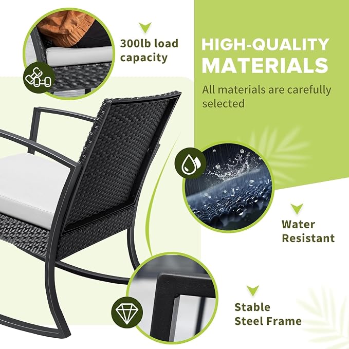 Homall Patio Furniture Set 3 Piece Resin Outdoor Bistro Set Rocking Patio Chairs with Cushions and Table for Porch, Poolside, Balcony and Yard (White)