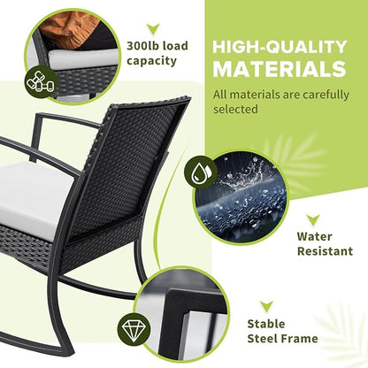 Homall Patio Furniture Set 3 Piece Resin Outdoor Bistro Set Rocking Patio Chairs with Cushions and Table for Porch, Poolside, Balcony and Yard (White)