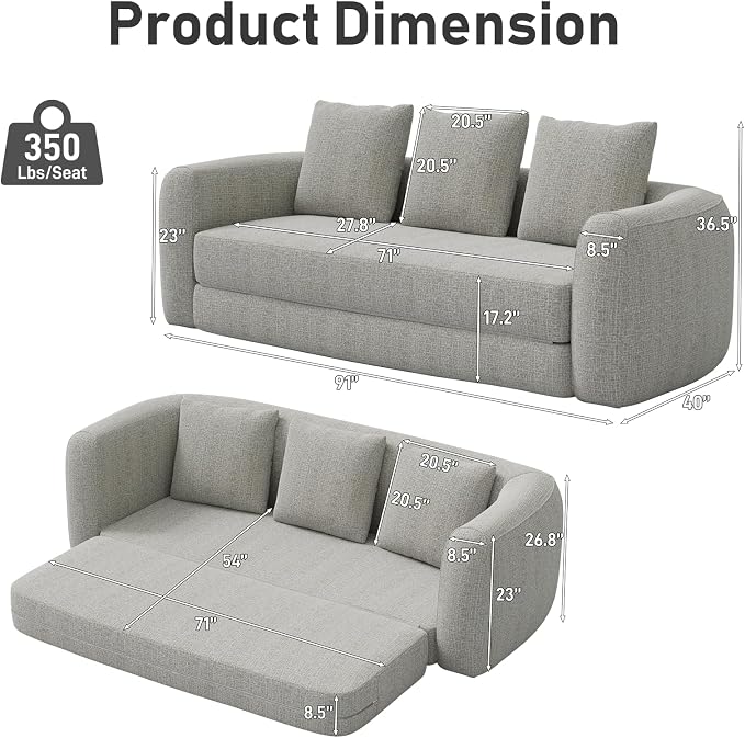 Curved Convertible Futon Sofa Bed,Modern Boneless Sleeper Couch,Curved Modern 3 Seater Cloud Couch