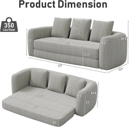 Curved Convertible Futon Sofa Bed,Modern Boneless Sleeper Couch,Curved Modern 3 Seater Cloud Couch