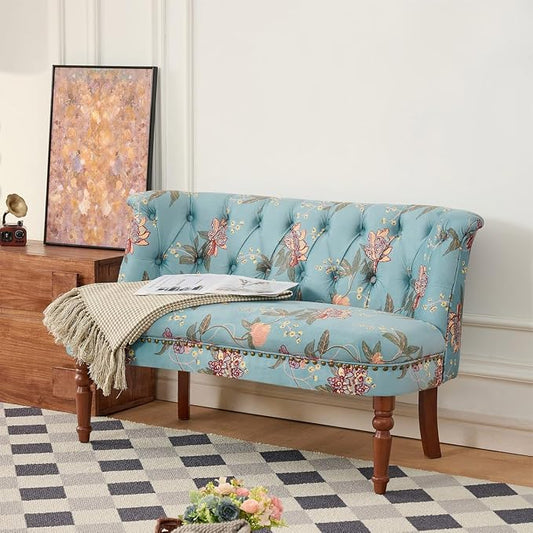 47" Upholstered Entryway Bench with Back, Tufted Entry Bench with Wood Leg | Mid-Century Modern Small Bench Floral Print Loveseat Seating Benches Sofa for Balcony, Living Room, Bedroom (47" /w back)