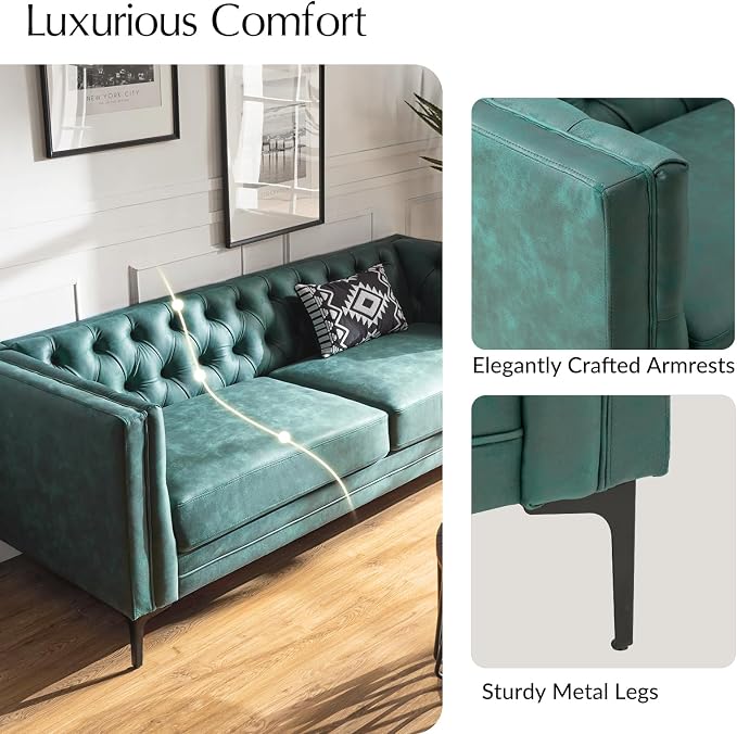 HULALA HOME 84" W Faux Leather Sofa Couch with Metal Legs, Button-Tufted 3-Seater Sofa, Mid Century Modern Contemporary Upholstered Couch for Living Room, Entertainment Area, Apartment,Green