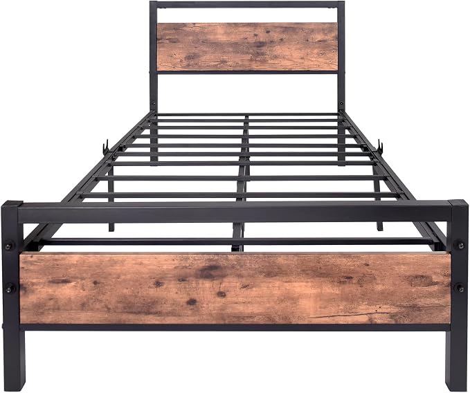 BOFENG Twin Size Bed Frame with Vintage Wood Headboard Farmhouse Bed,Heavy Duty Metal Platform Single Bed Frames No Box Spring Needed,Firm Mattress Foundation Steel Slat Support Easy Assembly(Brown)